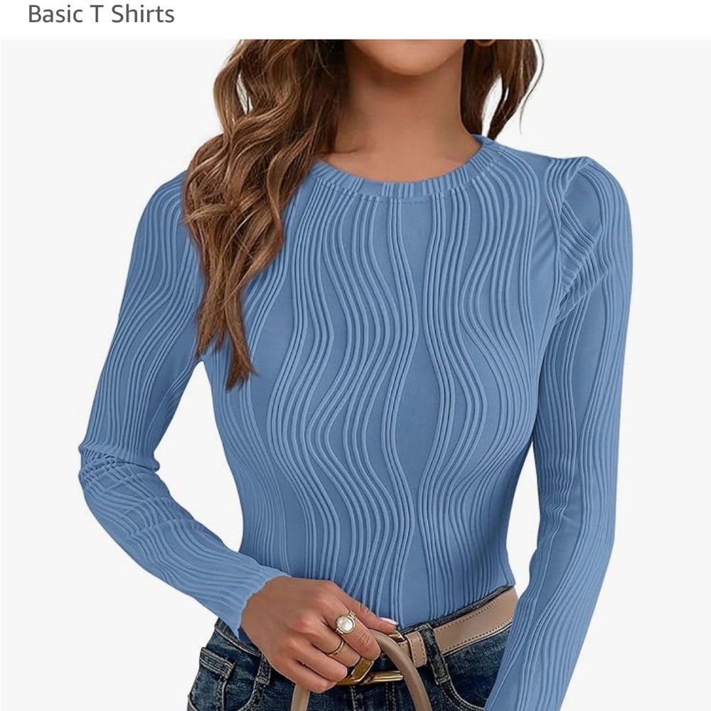 Ribbed Blue Long Sleeve Bodysuit Blouse